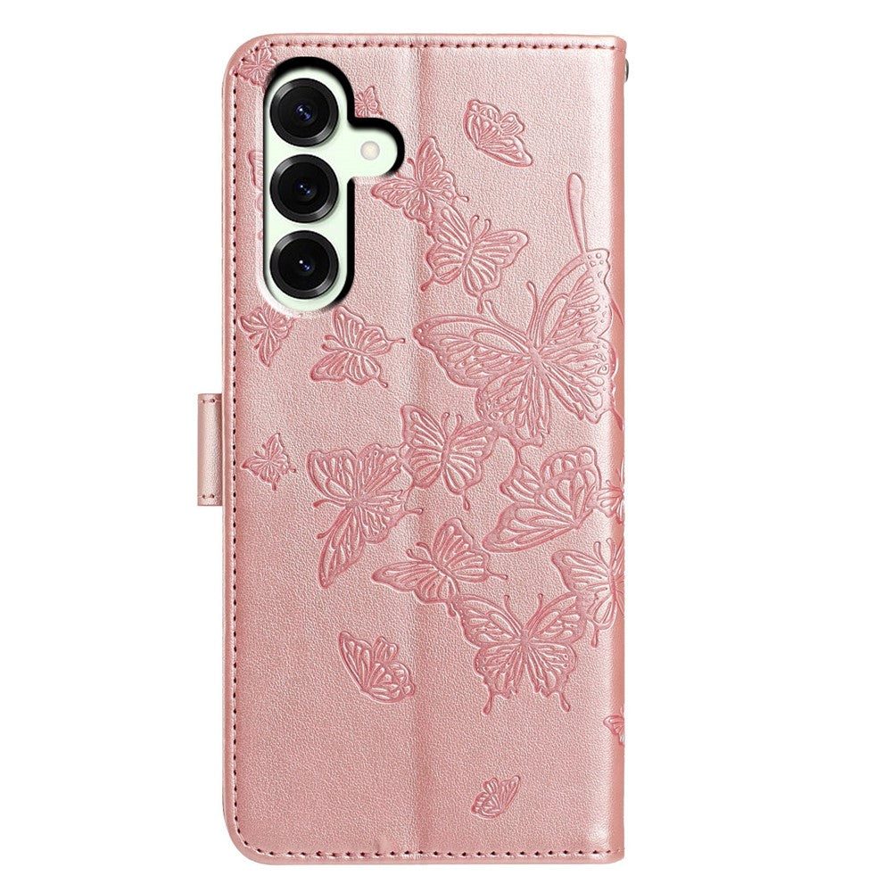 For Samsung Galaxy A57 5G Case Butterfly Imprinted Wallet Stand PU Leather Flip Phone Cover with Strap - Rose Gold