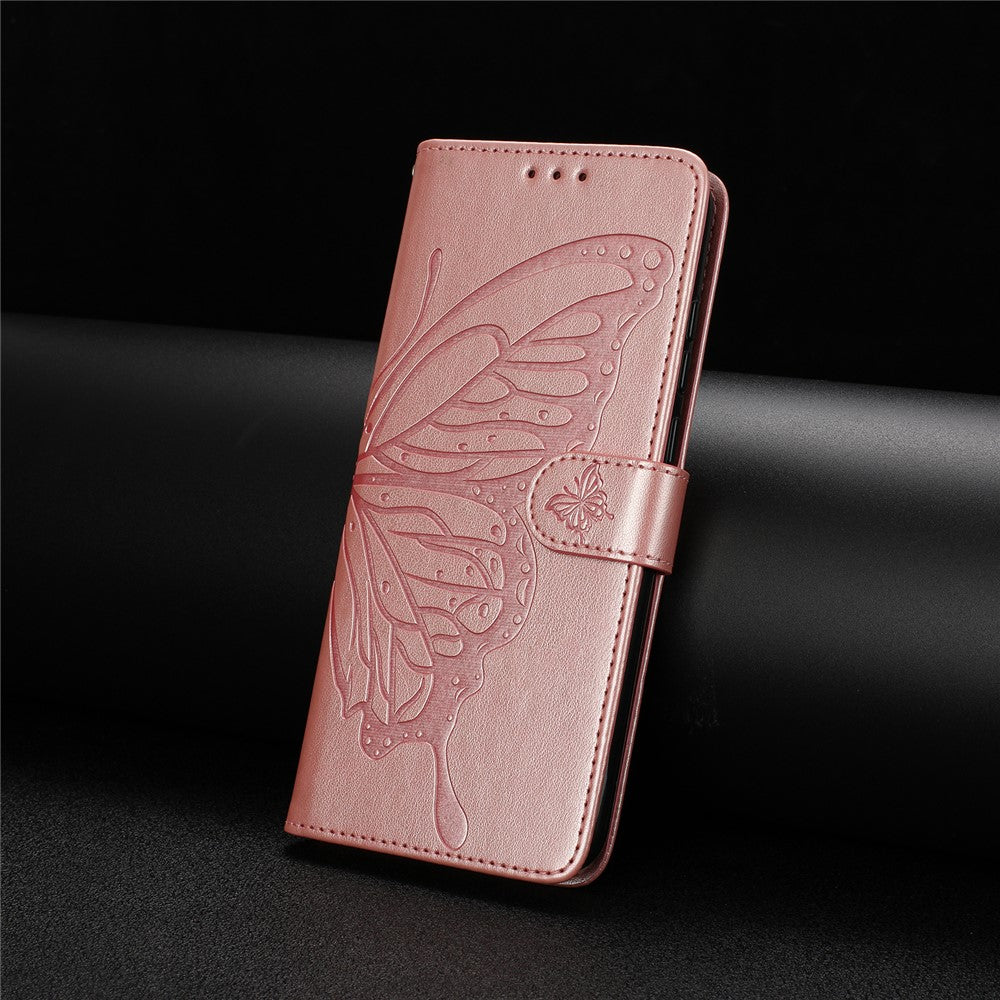 For Samsung Galaxy A57 5G Case Butterfly Imprinted Wallet Stand PU Leather Flip Phone Cover with Strap - Rose Gold
