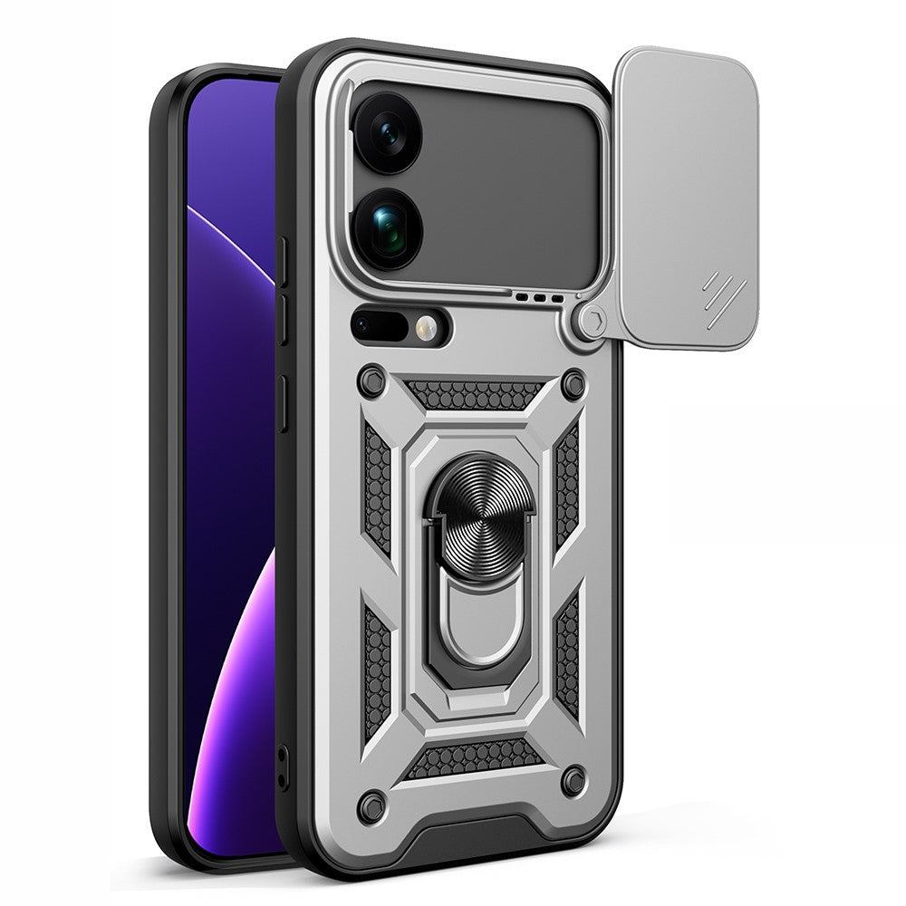 For Xiaomi 17 Pro Max Case with Slide Camera Lid PC + TPU Kickstand Phone Cover - Silver