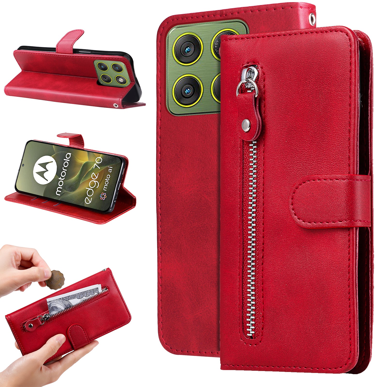 For Motorola Edge 70 5G PU Leather Cases with Zipper Pocket Wallet Phone Cover Stand - Red