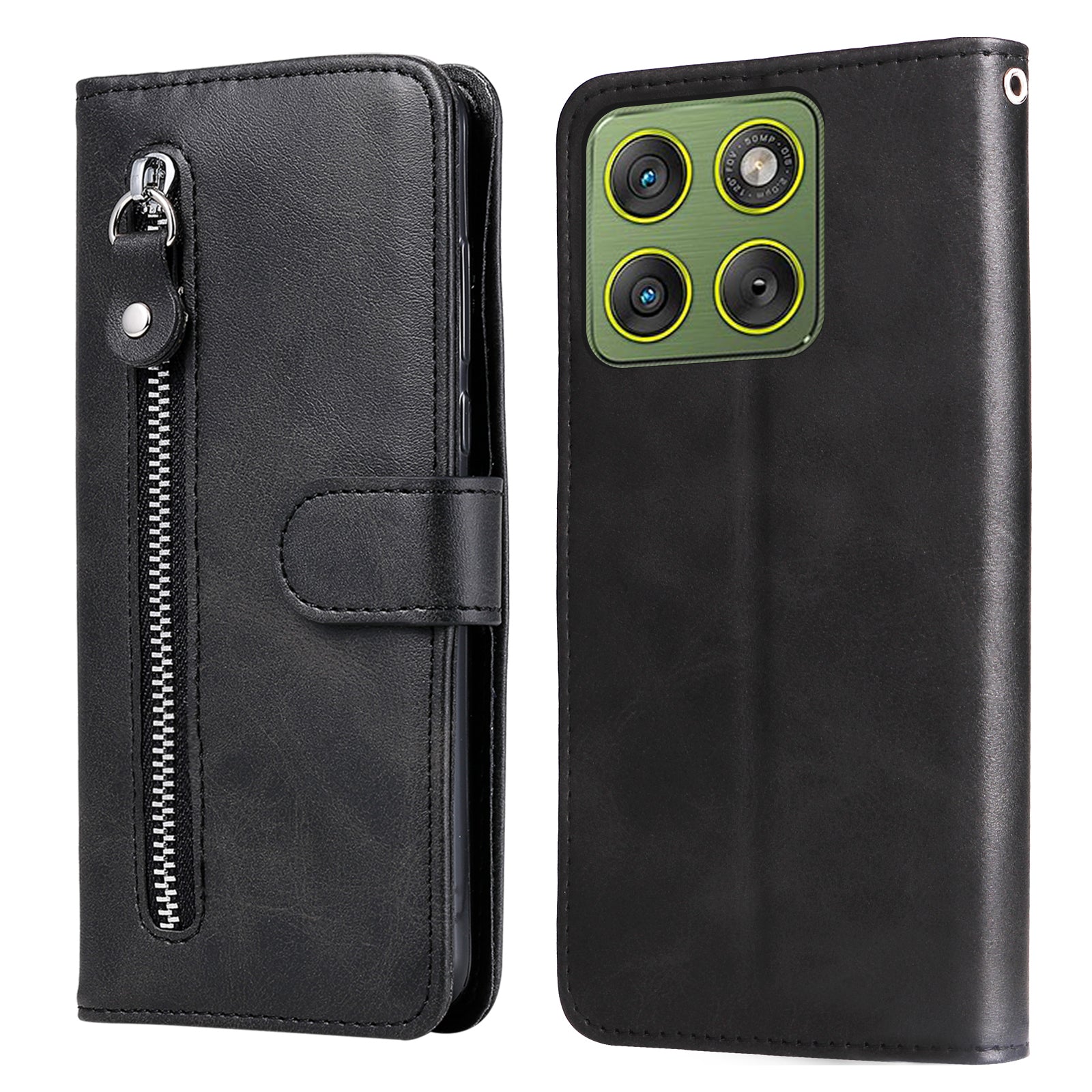 For Motorola Edge 70 5G PU Leather Cases with Zipper Pocket Wallet Phone Cover Stand - Black