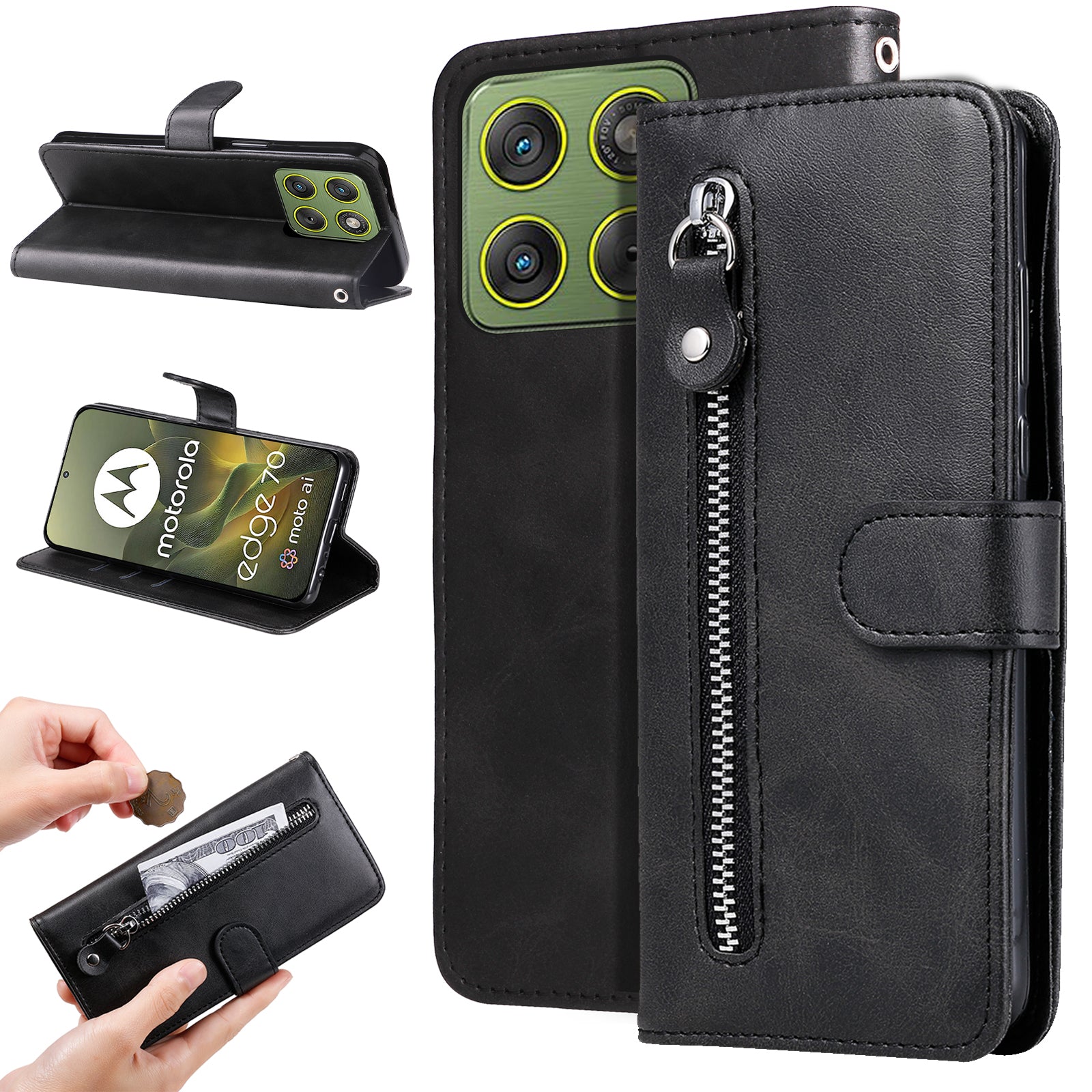 For Motorola Edge 70 5G PU Leather Cases with Zipper Pocket Wallet Phone Cover Stand - Black