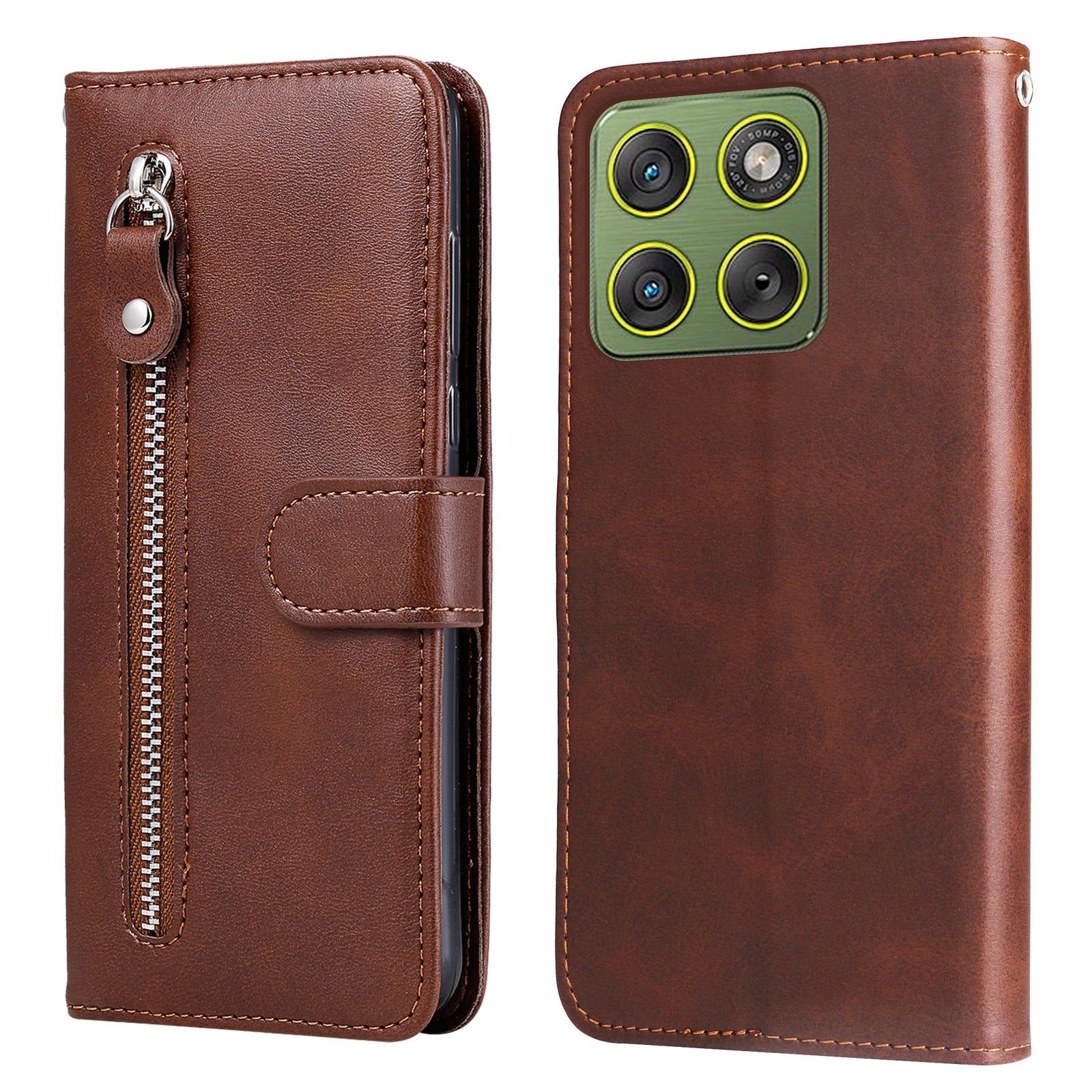 For Motorola Edge 70 5G PU Leather Cases with Zipper Pocket Wallet Phone Cover Stand - Brown