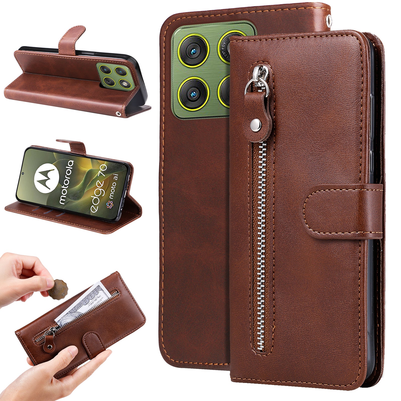 For Motorola Edge 70 5G PU Leather Cases with Zipper Pocket Wallet Phone Cover Stand - Brown