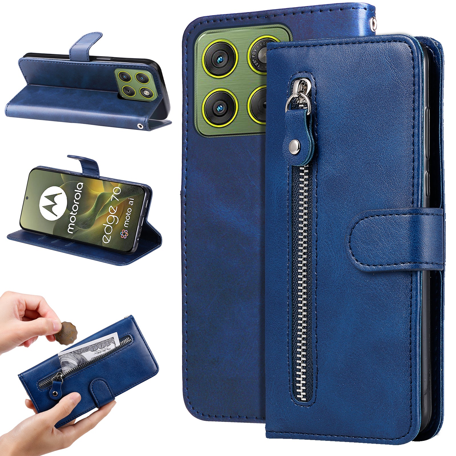 For Motorola Edge 70 5G PU Leather Cases with Zipper Pocket Wallet Phone Cover Stand - Blue