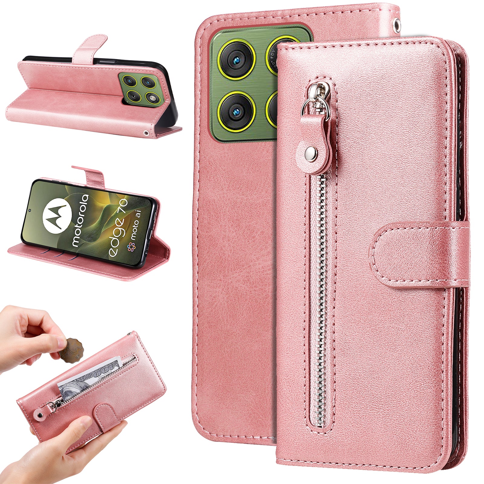 For Motorola Edge 70 5G PU Leather Cases with Zipper Pocket Wallet Phone Cover Stand - Pink