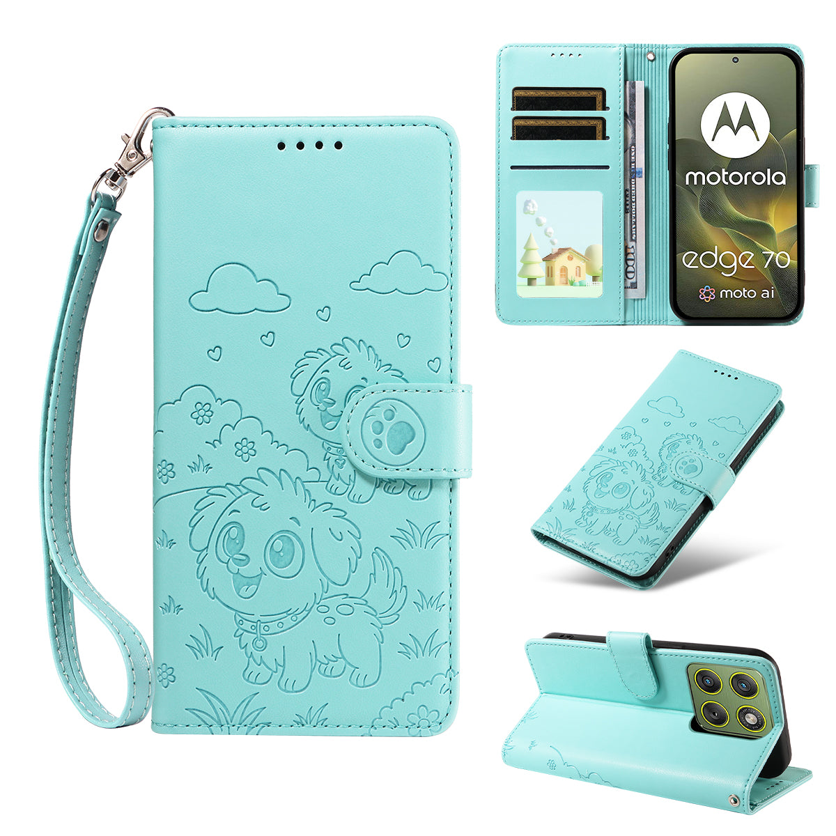 For Motorola Edge 70 5G Case RFID Blocking Imprinted Dog Pattern PU Leather Phone Cover with Wrist Strap - Green