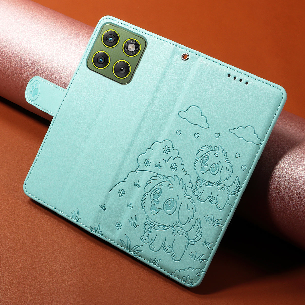 For Motorola Edge 70 5G Case RFID Blocking Imprinted Dog Pattern PU Leather Phone Cover with Wrist Strap - Green