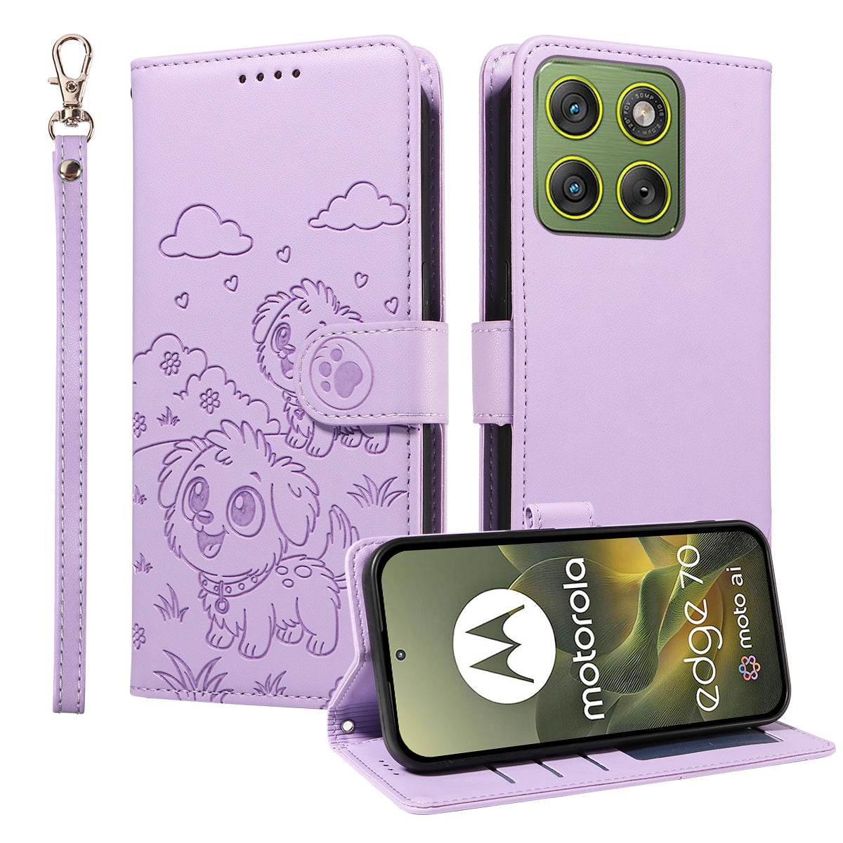 For Motorola Edge 70 5G Case RFID Blocking Imprinted Dog Pattern PU Leather Phone Cover with Wrist Strap - Purple