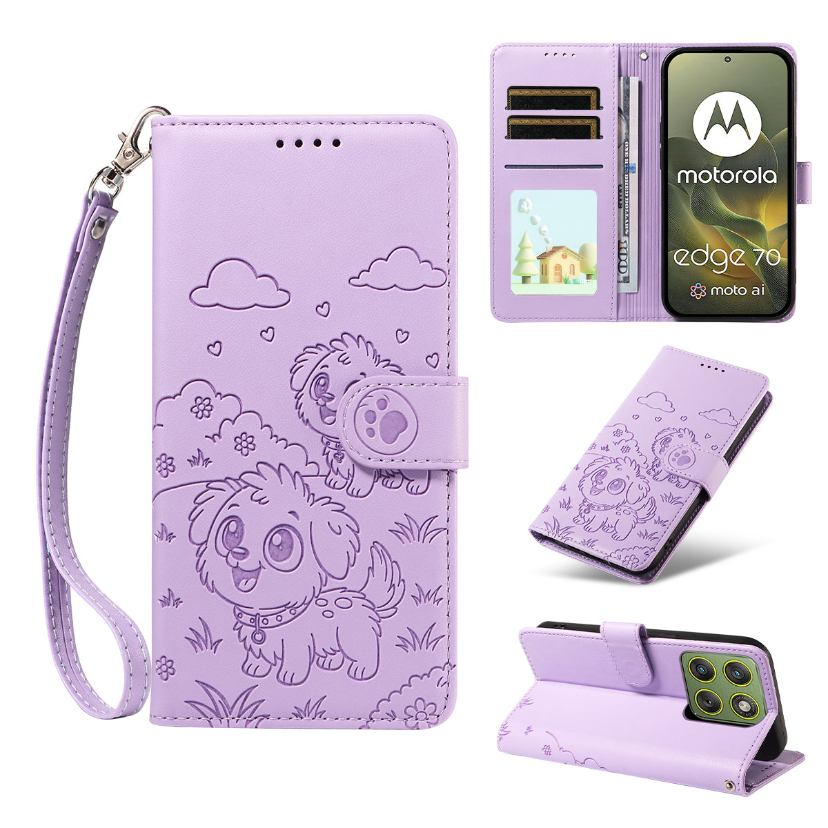 For Motorola Edge 70 5G Case RFID Blocking Imprinted Dog Pattern PU Leather Phone Cover with Wrist Strap - Purple