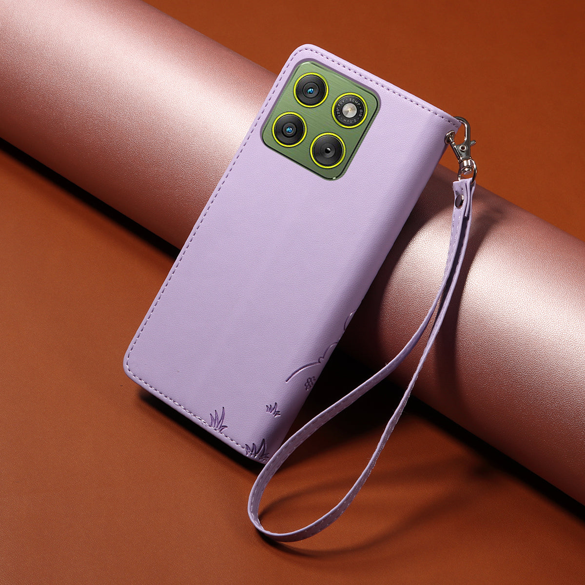 For Motorola Edge 70 5G Case RFID Blocking Imprinted Dog Pattern PU Leather Phone Cover with Wrist Strap - Purple