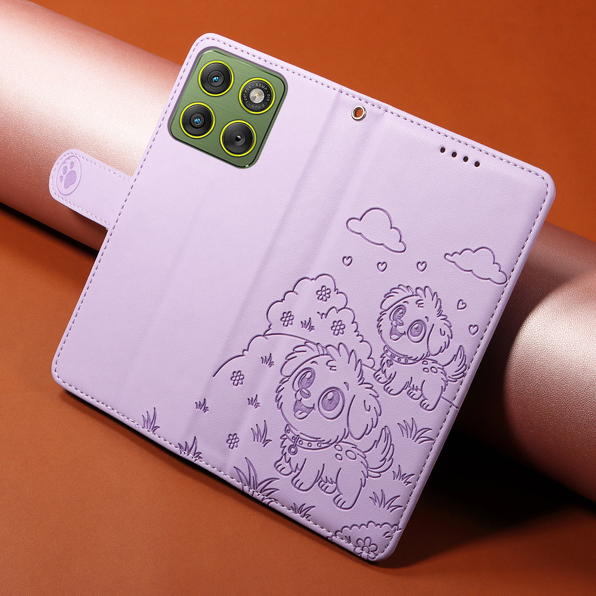 For Motorola Edge 70 5G Case RFID Blocking Imprinted Dog Pattern PU Leather Phone Cover with Wrist Strap - Purple