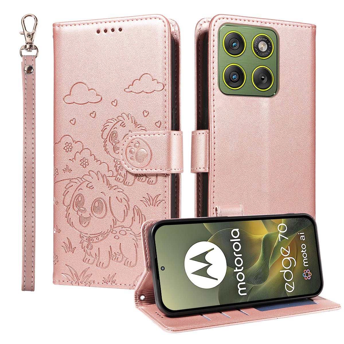 For Motorola Edge 70 5G Case RFID Blocking Imprinted Dog Pattern PU Leather Phone Cover with Wrist Strap - Pink