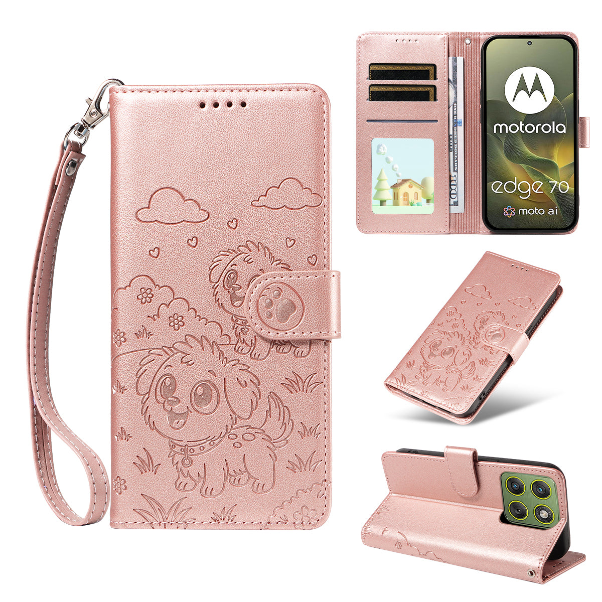 For Motorola Edge 70 5G Case RFID Blocking Imprinted Dog Pattern PU Leather Phone Cover with Wrist Strap - Pink