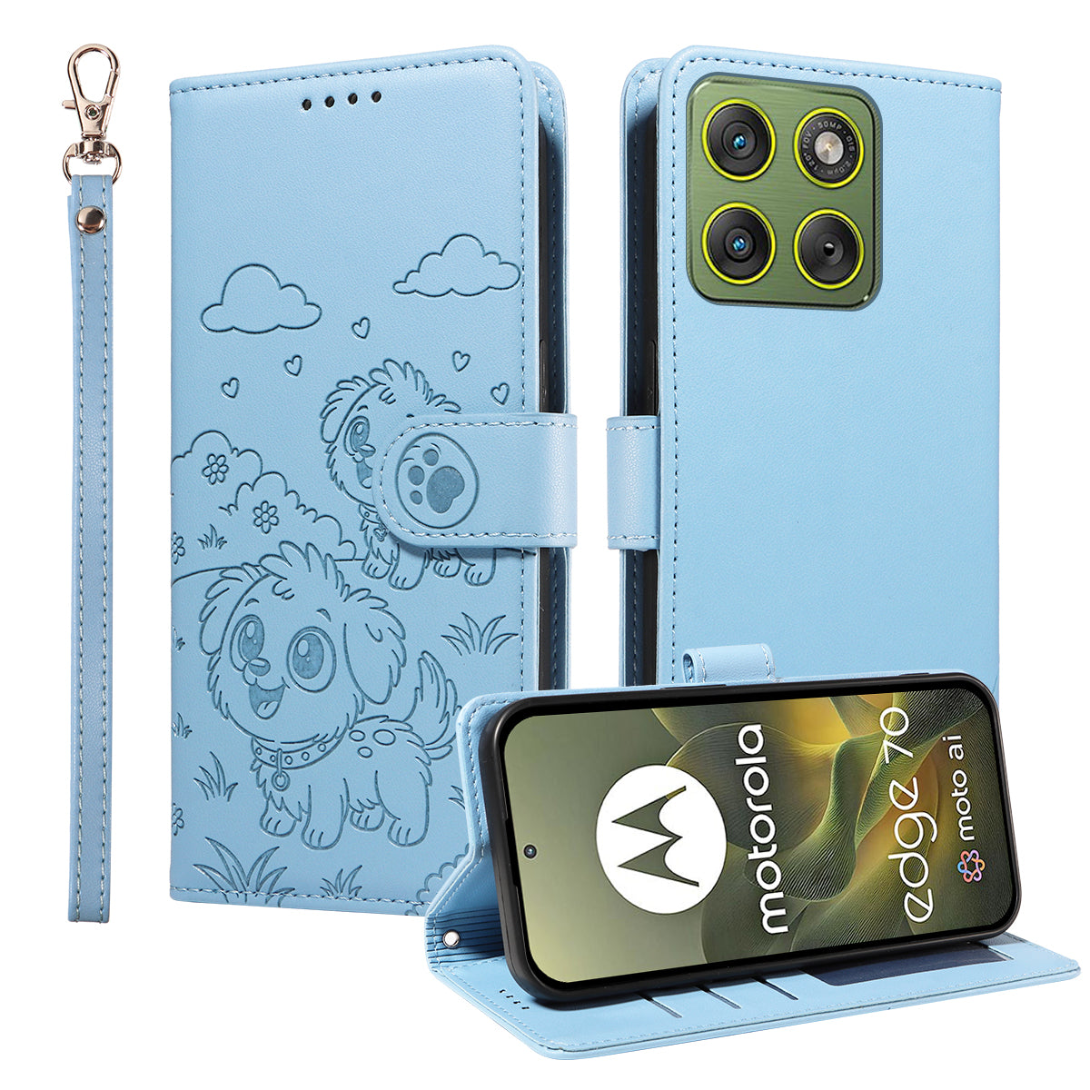 For Motorola Edge 70 5G Case RFID Blocking Imprinted Dog Pattern PU Leather Phone Cover with Wrist Strap - Blue