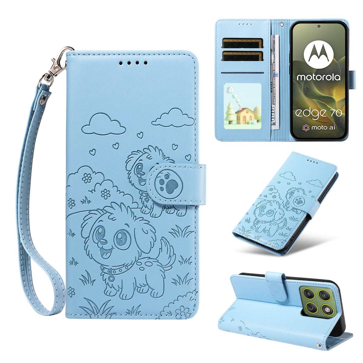 For Motorola Edge 70 5G Case RFID Blocking Imprinted Dog Pattern PU Leather Phone Cover with Wrist Strap - Blue