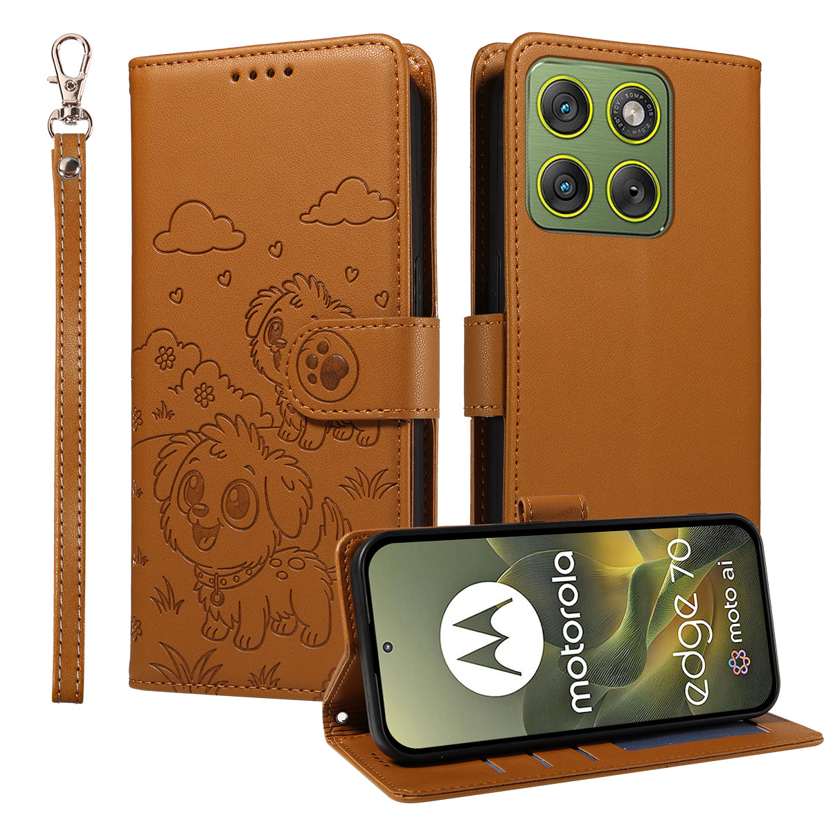 For Motorola Edge 70 5G Case RFID Blocking Imprinted Dog Pattern PU Leather Phone Cover with Wrist Strap - Brown