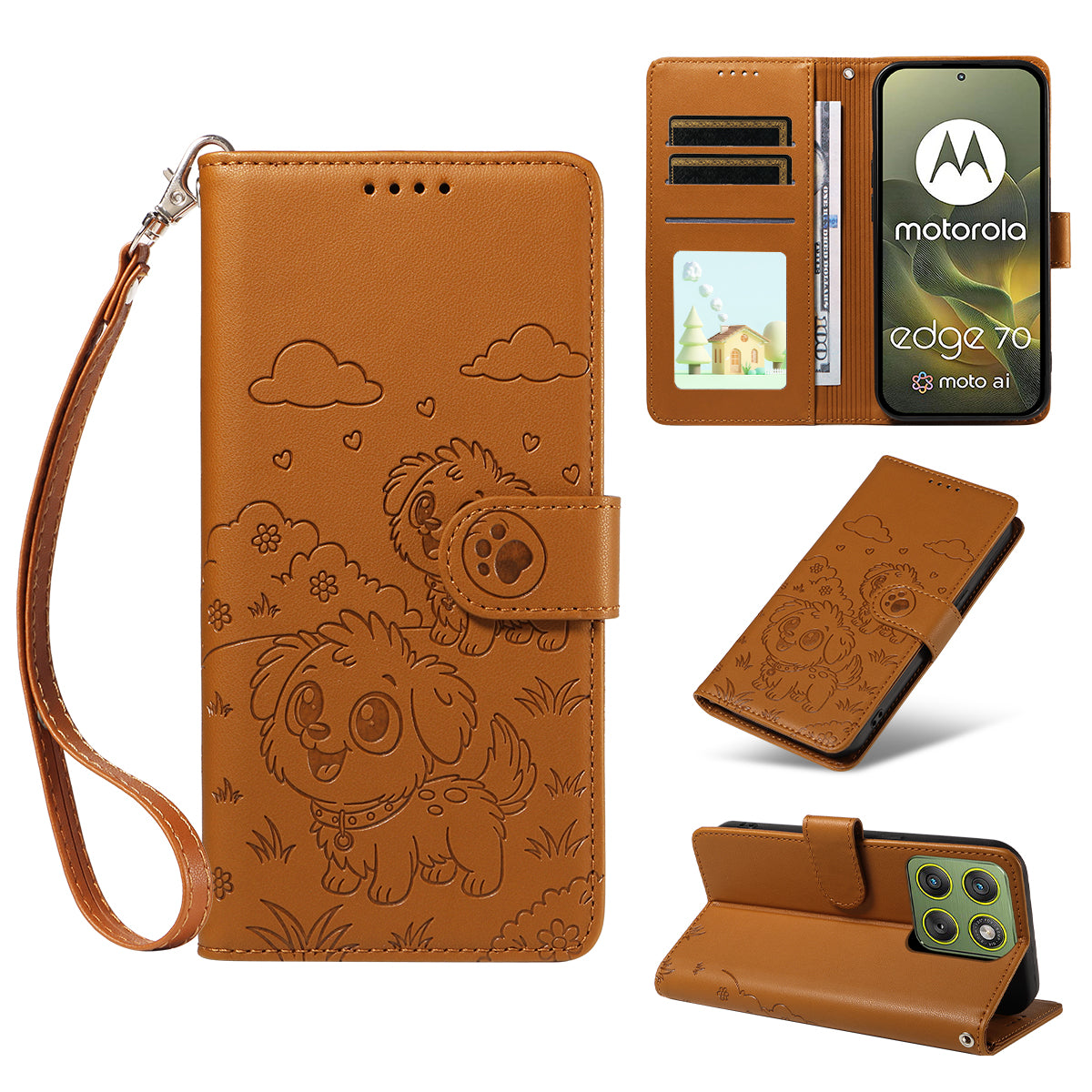 For Motorola Edge 70 5G Case RFID Blocking Imprinted Dog Pattern PU Leather Phone Cover with Wrist Strap - Brown