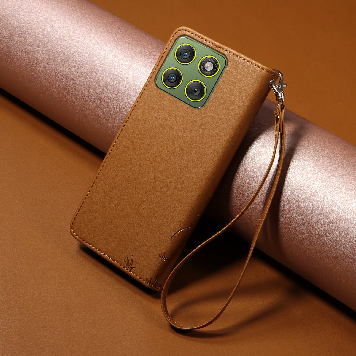 For Motorola Edge 70 5G Case RFID Blocking Imprinted Dog Pattern PU Leather Phone Cover with Wrist Strap - Brown