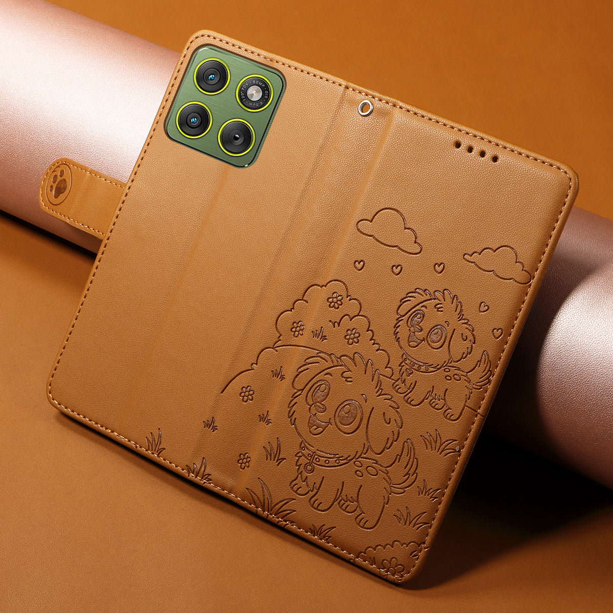 For Motorola Edge 70 5G Case RFID Blocking Imprinted Dog Pattern PU Leather Phone Cover with Wrist Strap - Brown