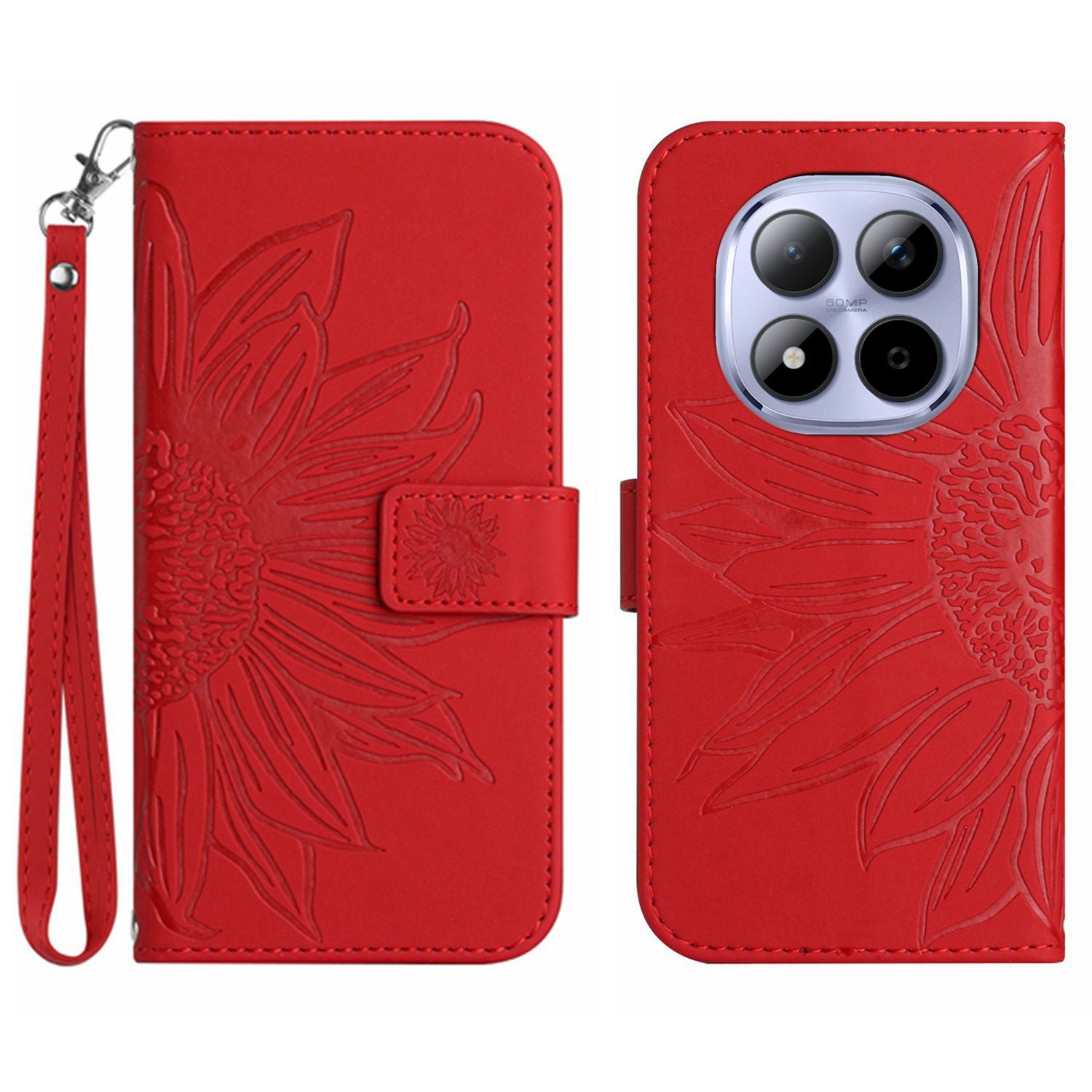 For Xiaomi Poco M8 Pro 5G / Redmi Note 15 Pro+ 5G (Global) Case Sunflower Imprint Leather Wallet Phone Cover with Wrist Strap - Red
