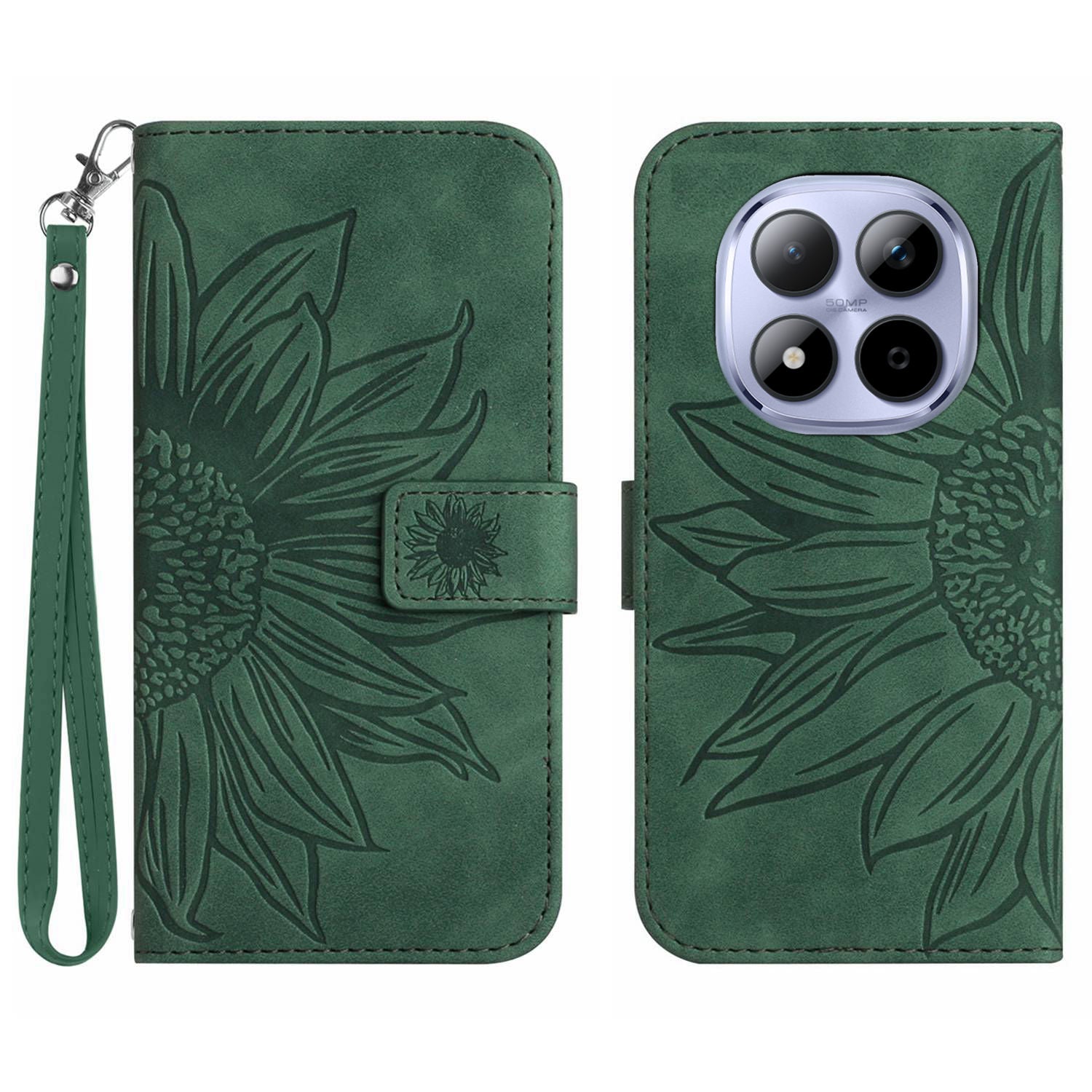 For Xiaomi Poco M8 Pro 5G / Redmi Note 15 Pro+ 5G (Global) Case Sunflower Imprint Leather Wallet Phone Cover with Wrist Strap - Dark Green