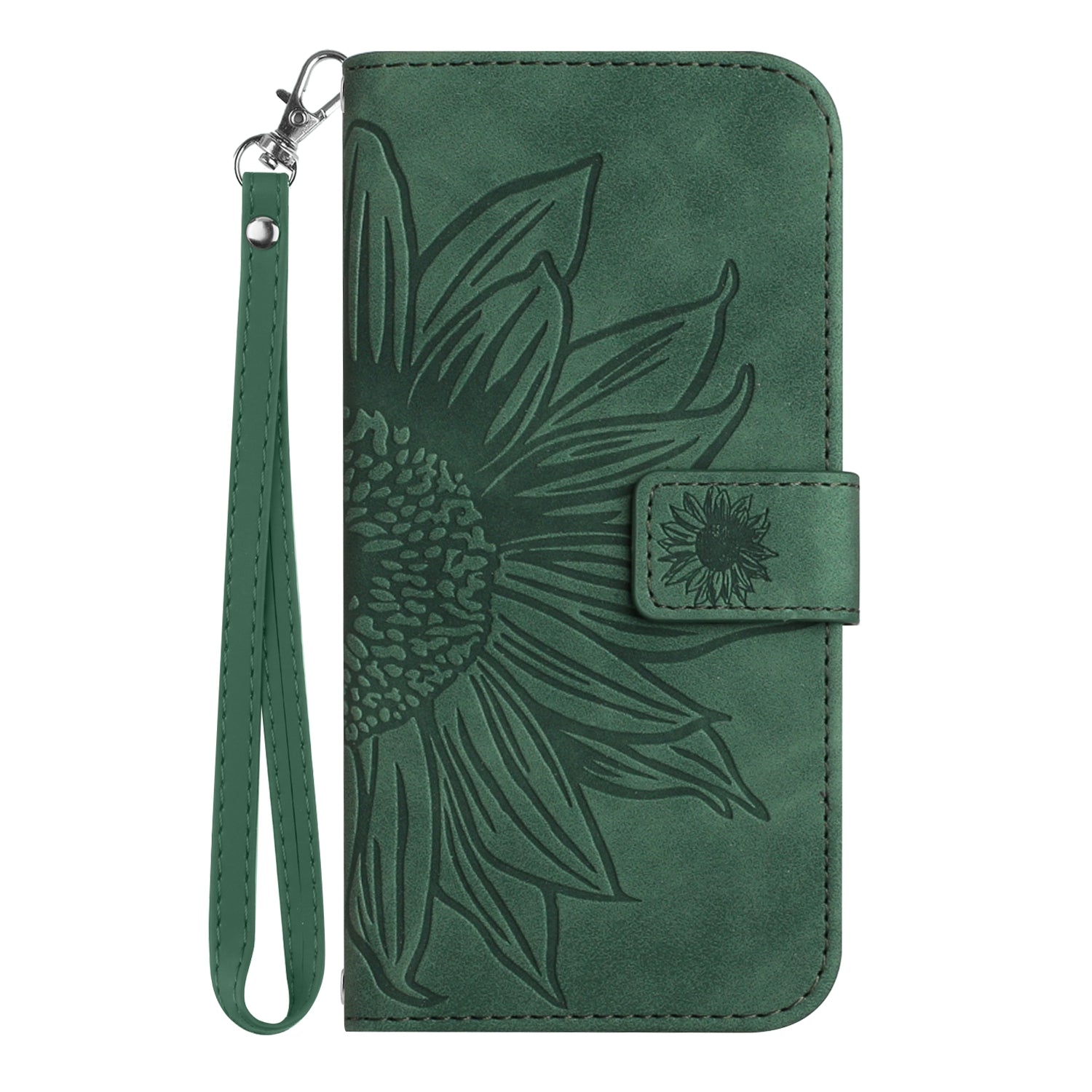 For Xiaomi Poco M8 Pro 5G / Redmi Note 15 Pro+ 5G (Global) Case Sunflower Imprint Leather Wallet Phone Cover with Wrist Strap - Dark Green