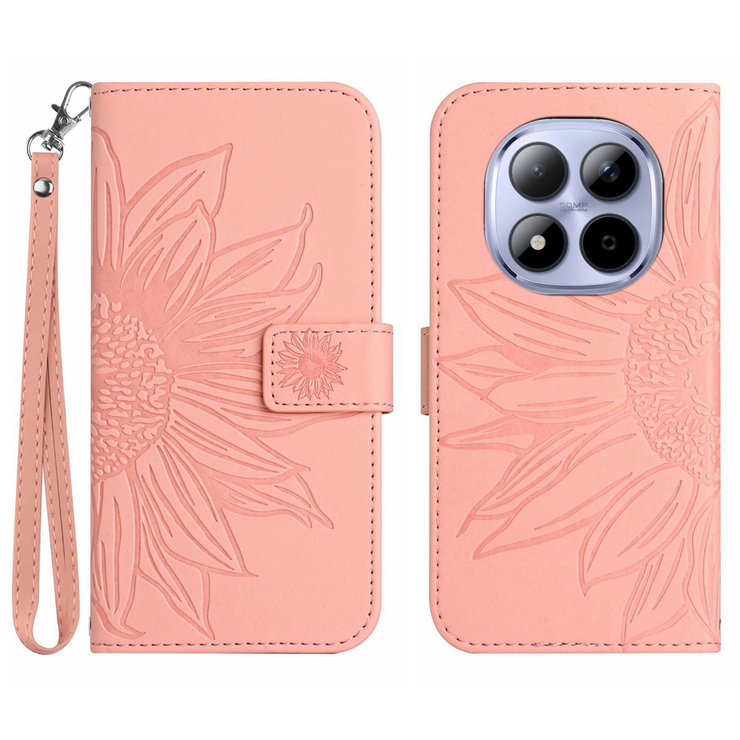 For Xiaomi Poco M8 Pro 5G / Redmi Note 15 Pro+ 5G (Global) Case Sunflower Imprint Leather Wallet Phone Cover with Wrist Strap - Pink