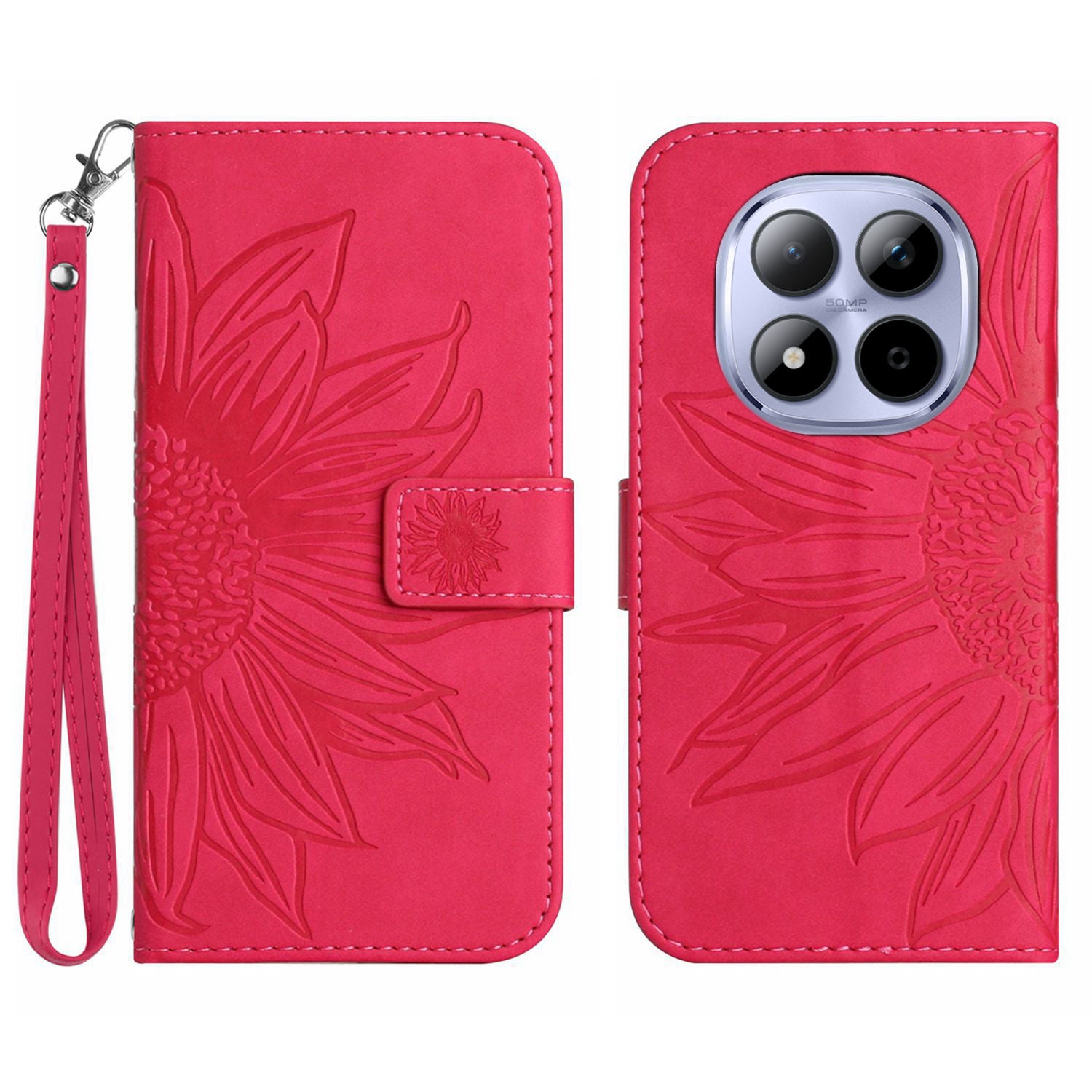 For Xiaomi Poco M8 Pro 5G / Redmi Note 15 Pro+ 5G (Global) Case Sunflower Imprint Leather Wallet Phone Cover with Wrist Strap - Rose
