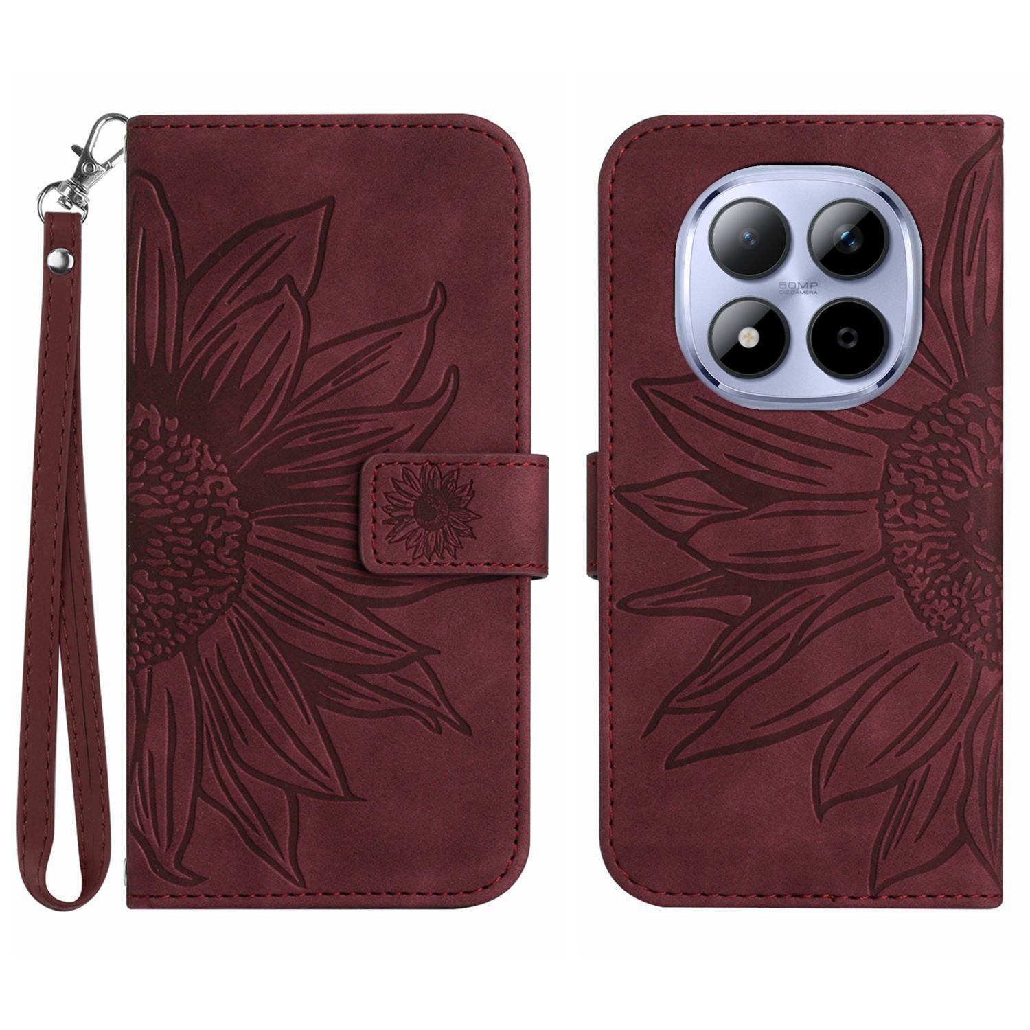 For Xiaomi Redmi Note 15 Pro 5G (Global) Case Sunflower Imprint Leather Wallet Phone Cover with Wrist Strap - Wine Red