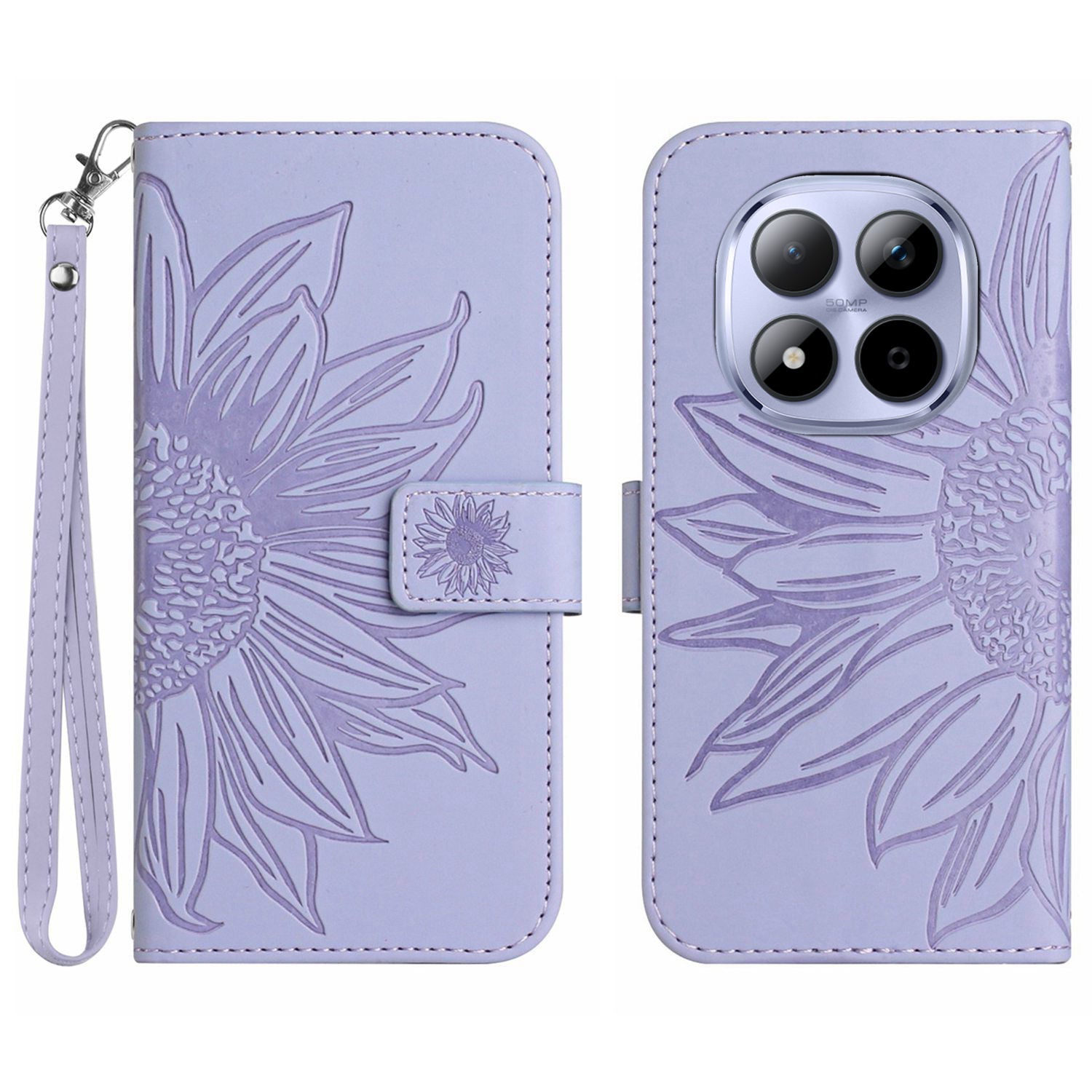 For Xiaomi Redmi Note 15 Pro 5G (Global) Case Sunflower Imprint Leather Wallet Phone Cover with Wrist Strap - Light Purple