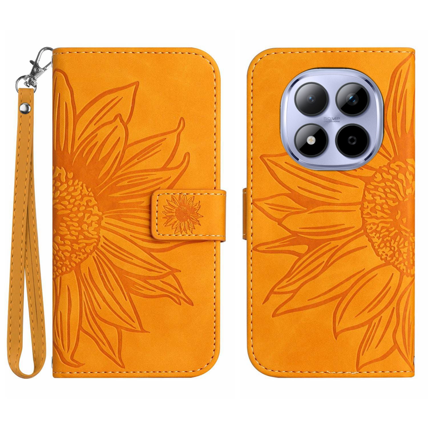 For Xiaomi Redmi Note 15 Pro 5G (Global) Case Sunflower Imprint Leather Wallet Phone Cover with Wrist Strap - Yellow