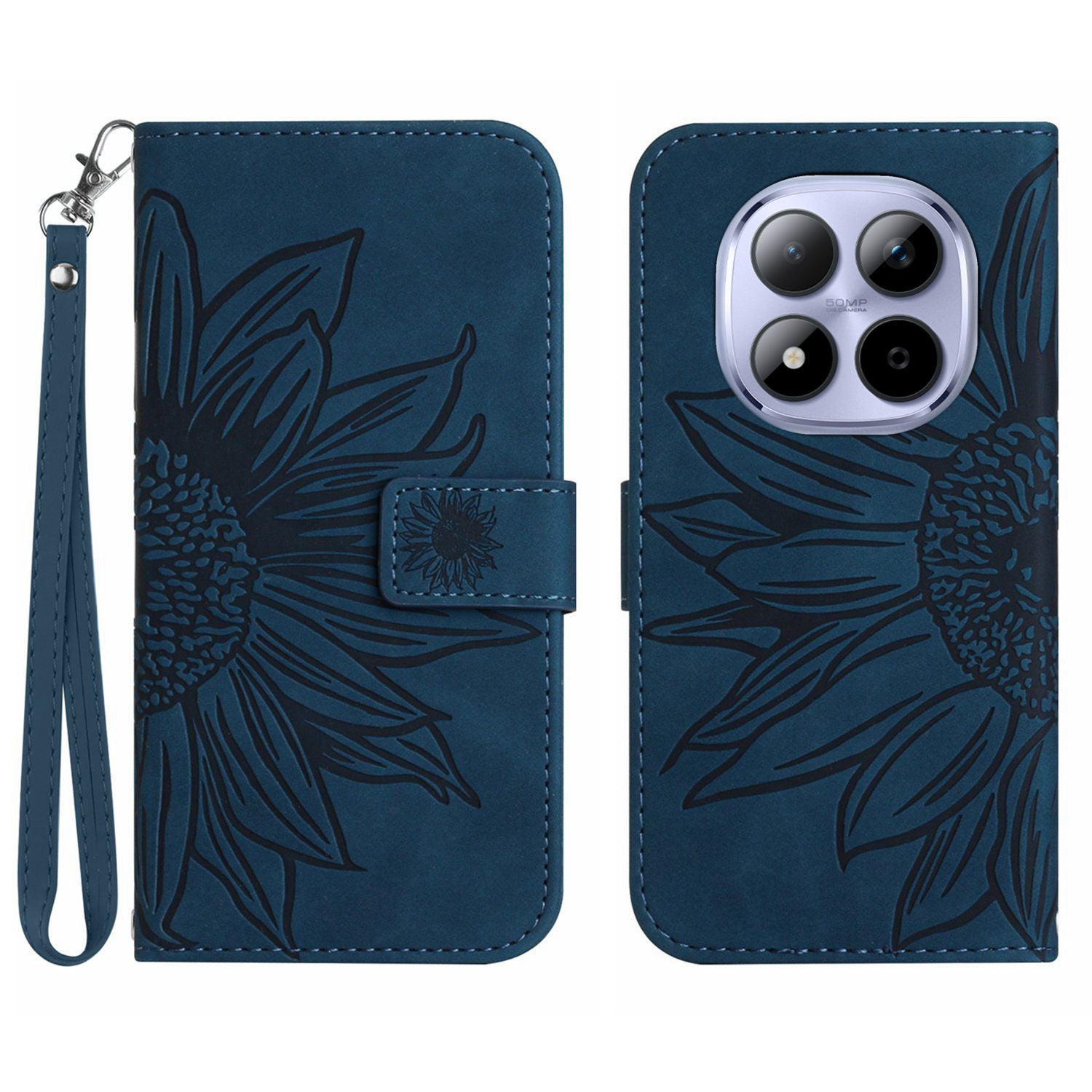 For Xiaomi Redmi Note 15 Pro 5G (Global) Case Sunflower Imprint Leather Wallet Phone Cover with Wrist Strap - Dark Blue