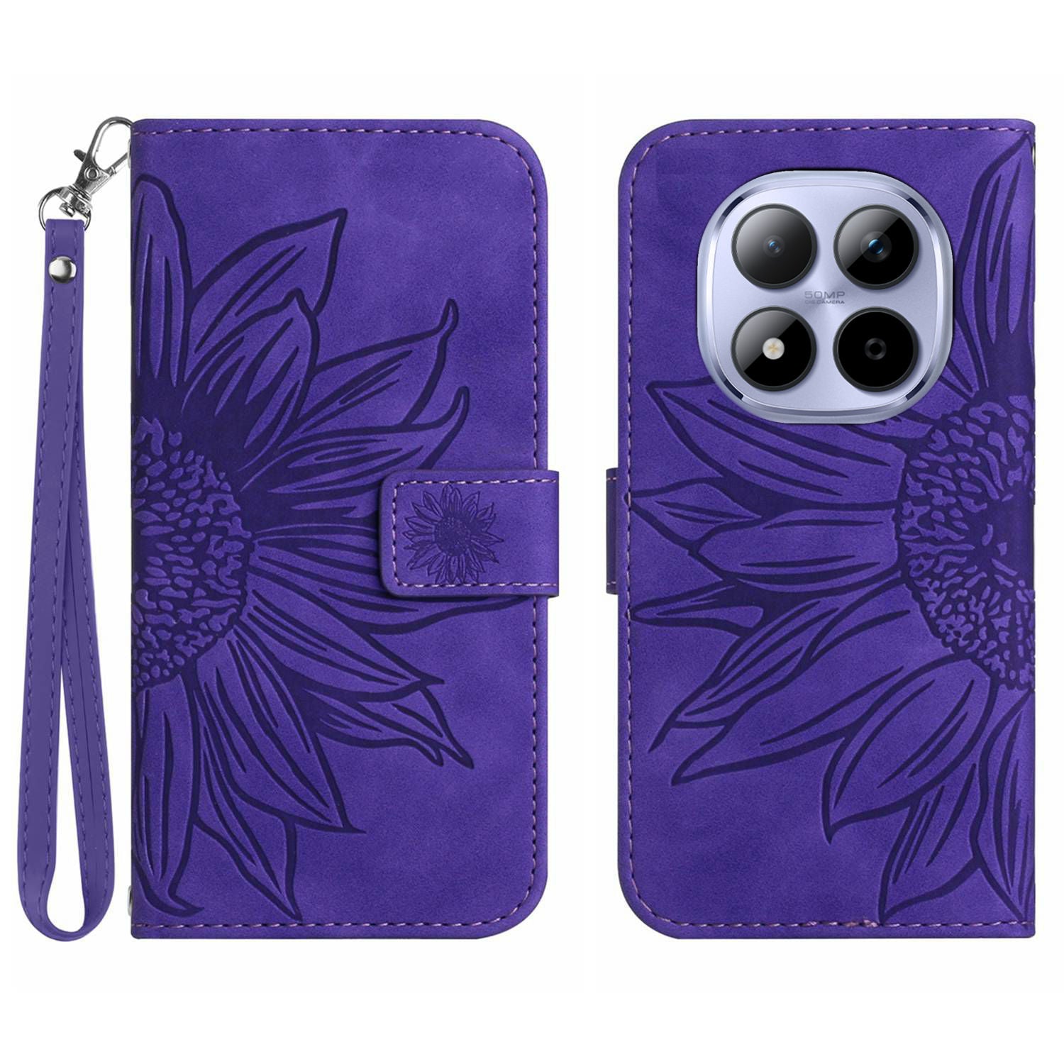 For Xiaomi Redmi Note 15 Pro 5G (Global) Case Sunflower Imprint Leather Wallet Phone Cover with Wrist Strap - Dark Purple