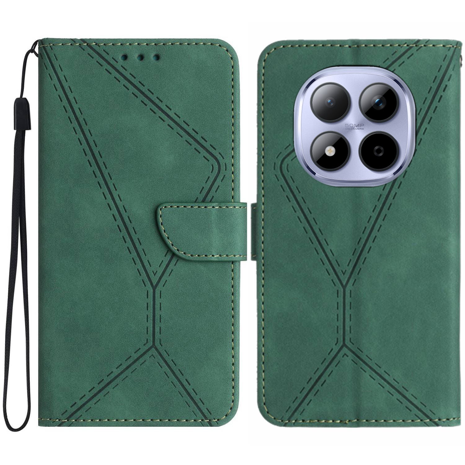 For Xiaomi Poco M8 Pro 5G / Redmi Note 15 Pro+ 5G (Global) Case Skin Touch Lines Imprinted PU Leather Flip Phone Cover - Green