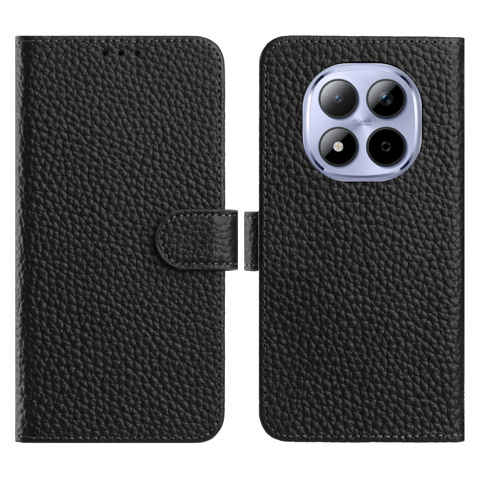For Xiaomi Poco M8 Pro 5G / Redmi Note 15 Pro+ 5G (Global) Case Wallet Stand Litchi Texture Genuine Cow Leather Flip Phone Cover - Black