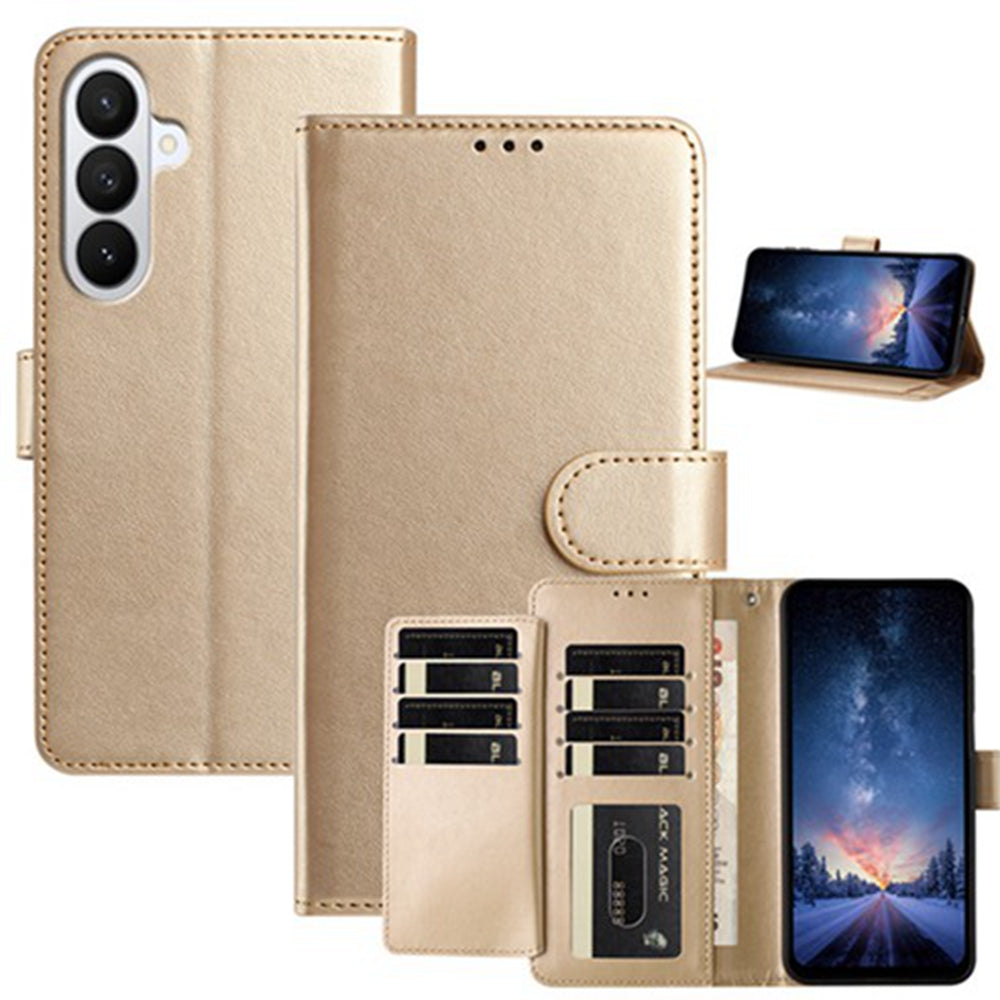 For Samsung Galaxy A57 5G Wallet Phone Case Stand PU Leather Folio Flip Cover with 8 Card Slot - Gold