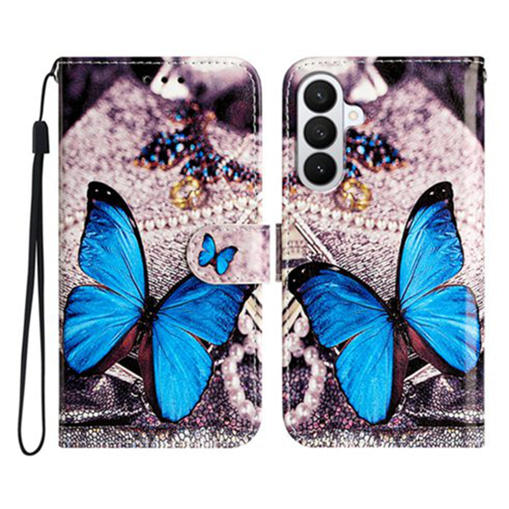 For Samsung Galaxy A57 5G Wallet Case  Printed Pattern PU Leather Stand Phone Cover with Strap - Blue Butterfly