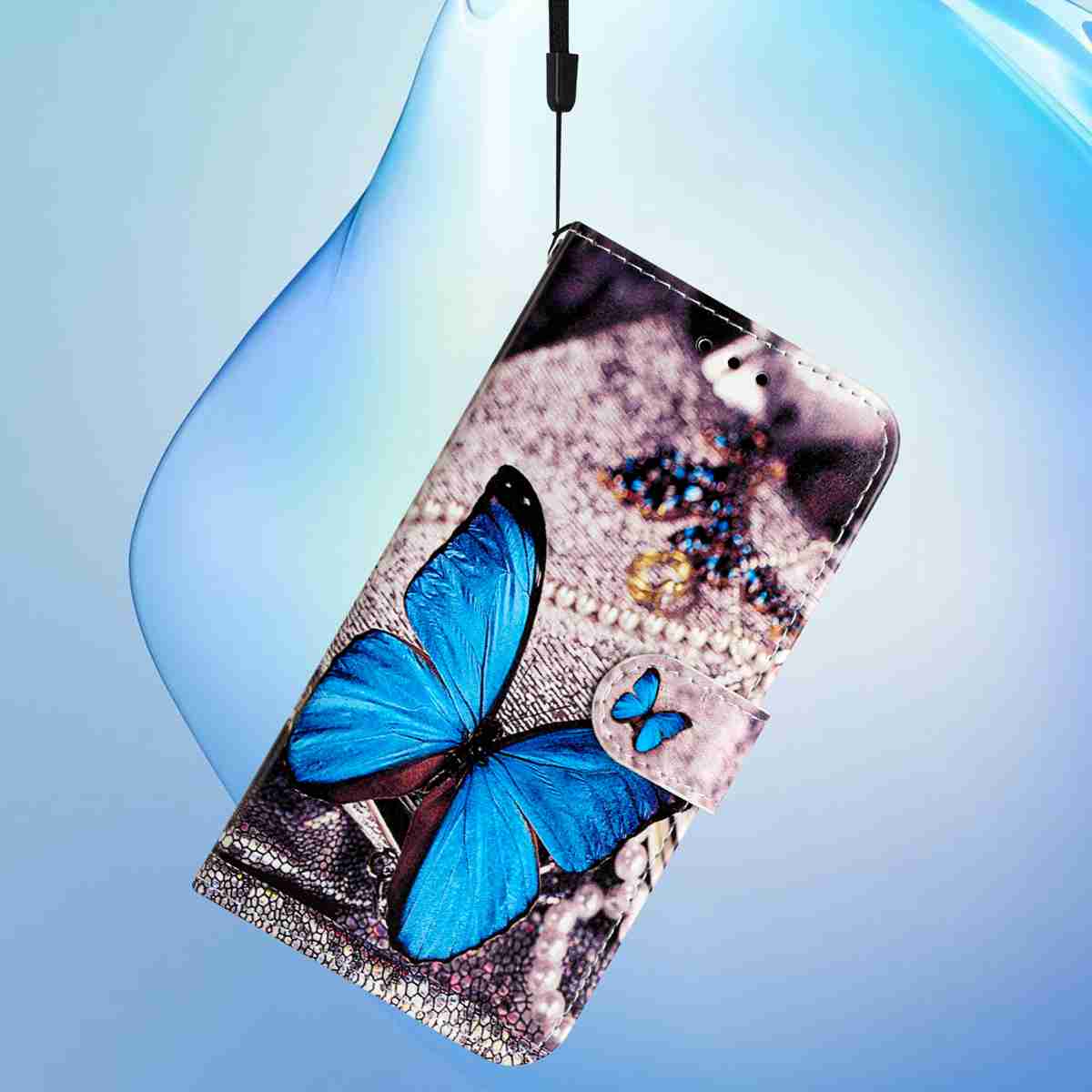 For Samsung Galaxy A57 5G Wallet Case  Printed Pattern PU Leather Stand Phone Cover with Strap - Blue Butterfly