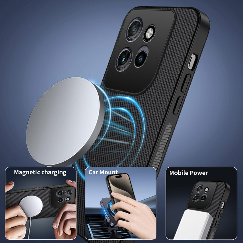 For Motorola Edge 70 5G Magnetic Case WANLONFENG TQ1 Series Carbon Fiber Texture PC TPU Phone Cover with 2Pcs Screen Films - Black
