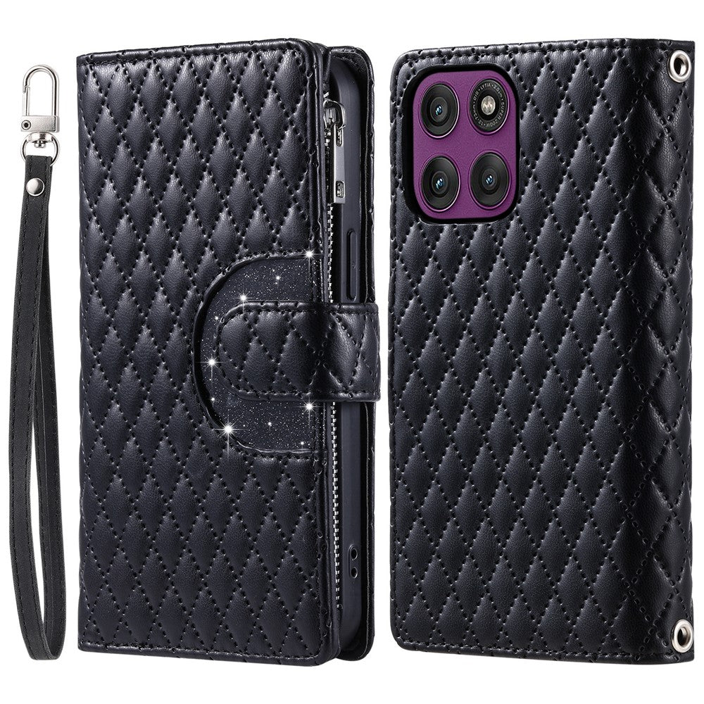 For Motorola Edge 70 5G Case Zipper Pocket Glitter Leather Phone Cover with Wrist Strap - Black