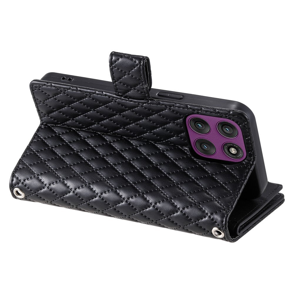 For Motorola Edge 70 5G Case Zipper Pocket Glitter Leather Phone Cover with Wrist Strap - Black
