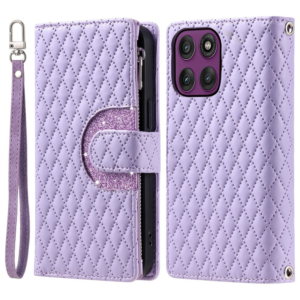 For Motorola Edge 70 5G Case Zipper Pocket Glitter Leather Phone Cover with Wrist Strap - Purple