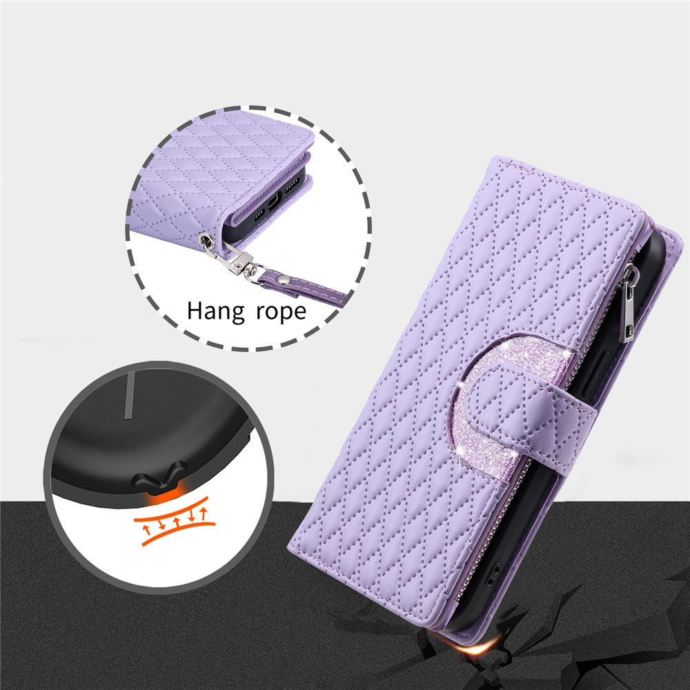 For Motorola Edge 70 5G Case Zipper Pocket Glitter Leather Phone Cover with Wrist Strap - Purple