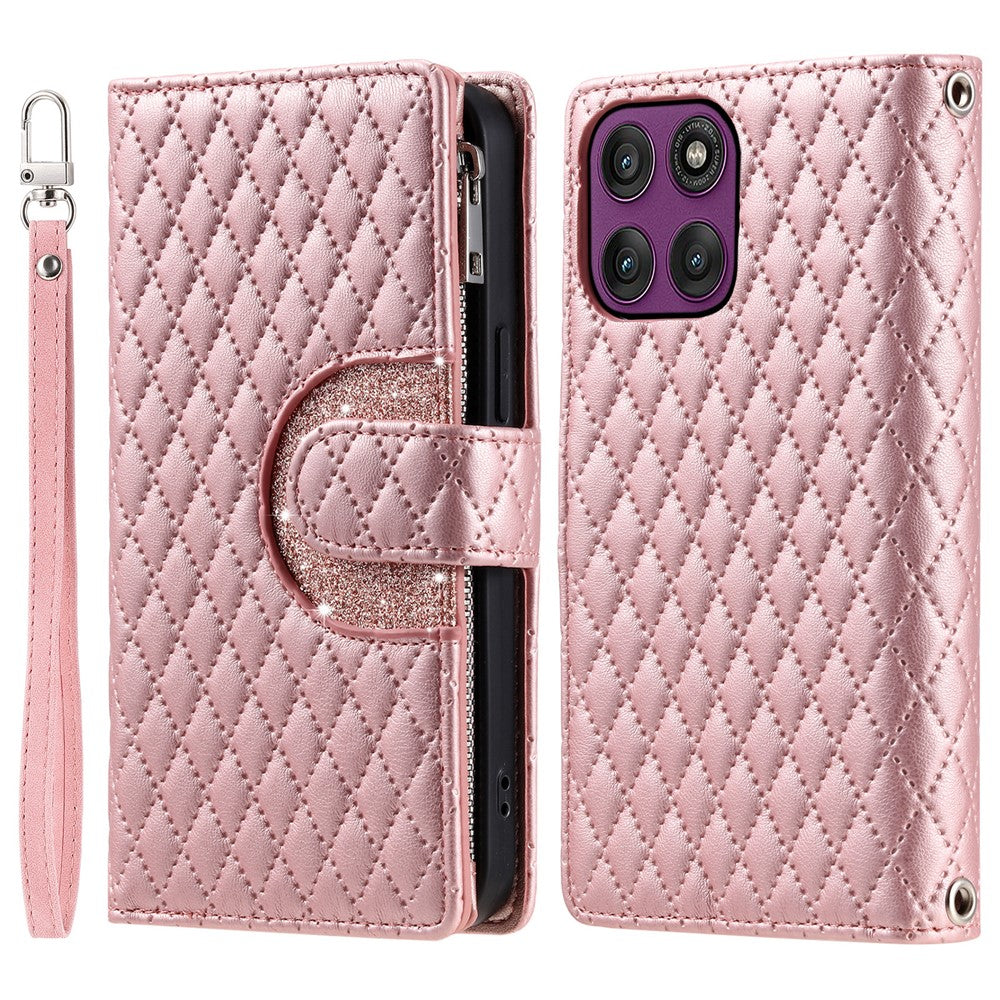 For Motorola Edge 70 5G Case Zipper Pocket Glitter Leather Phone Cover with Wrist Strap - Rose Gold
