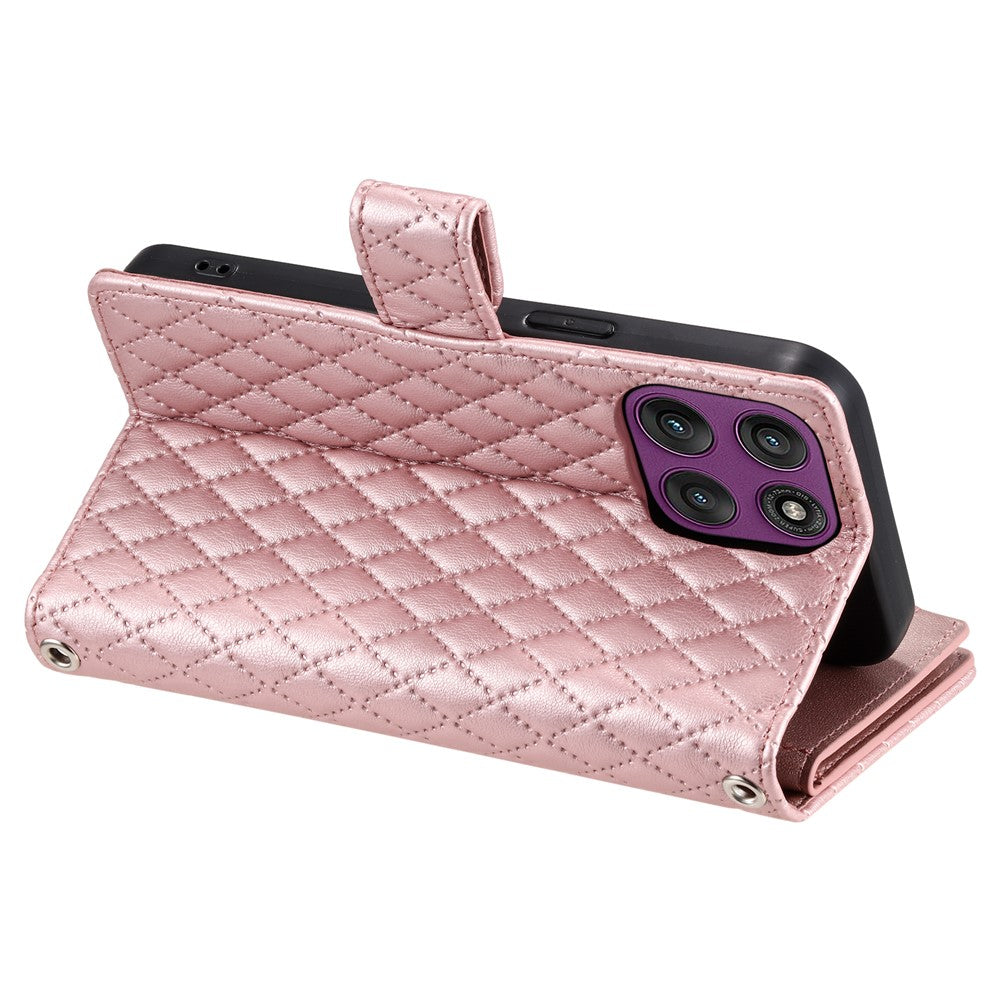 For Motorola Edge 70 5G Case Zipper Pocket Glitter Leather Phone Cover with Wrist Strap - Rose Gold