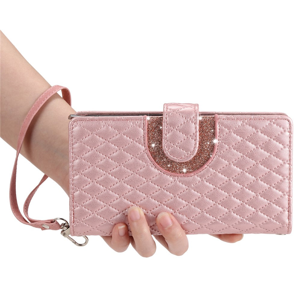 For Motorola Edge 70 5G Case Zipper Pocket Glitter Leather Phone Cover with Wrist Strap - Rose Gold