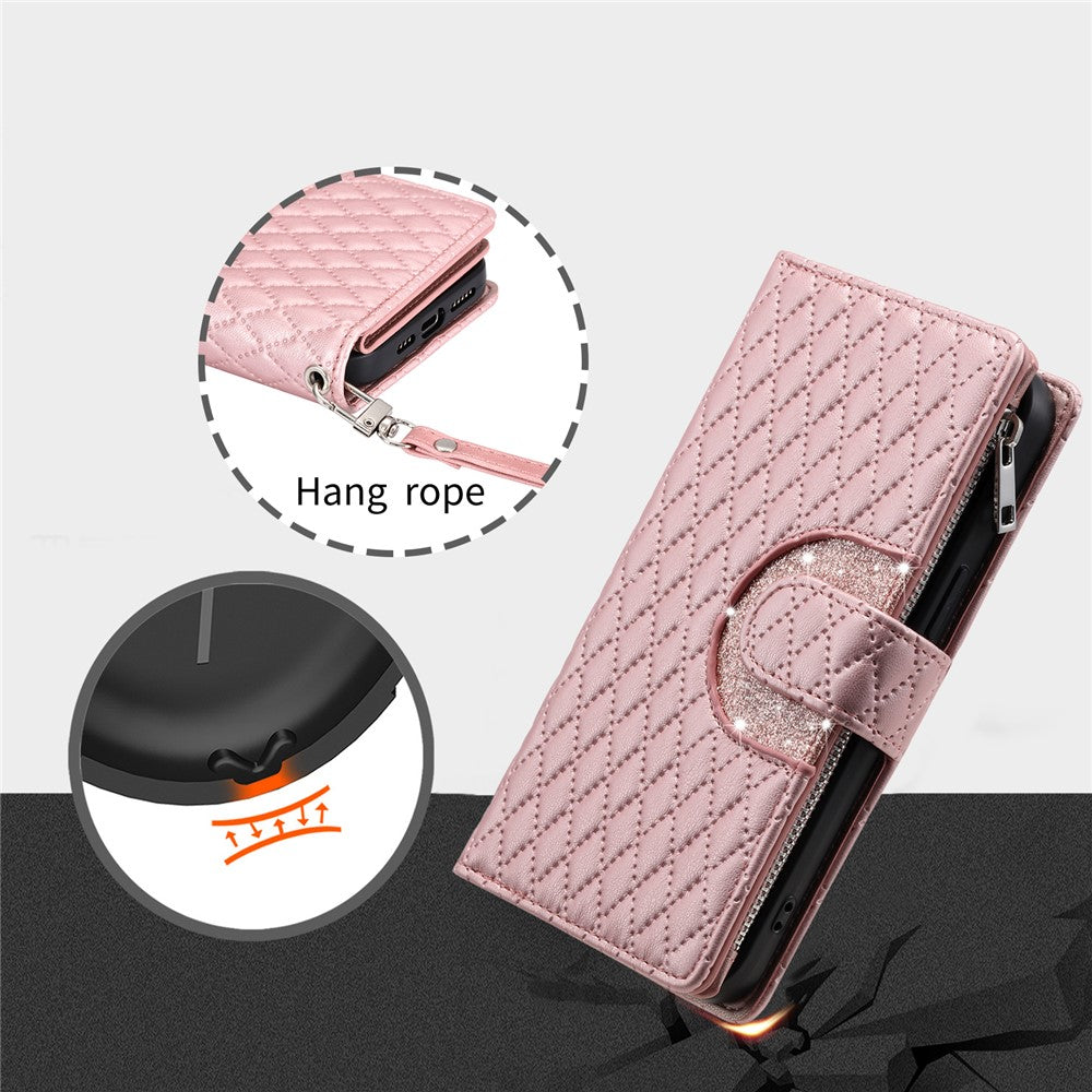 For Motorola Edge 70 5G Case Zipper Pocket Glitter Leather Phone Cover with Wrist Strap - Rose Gold
