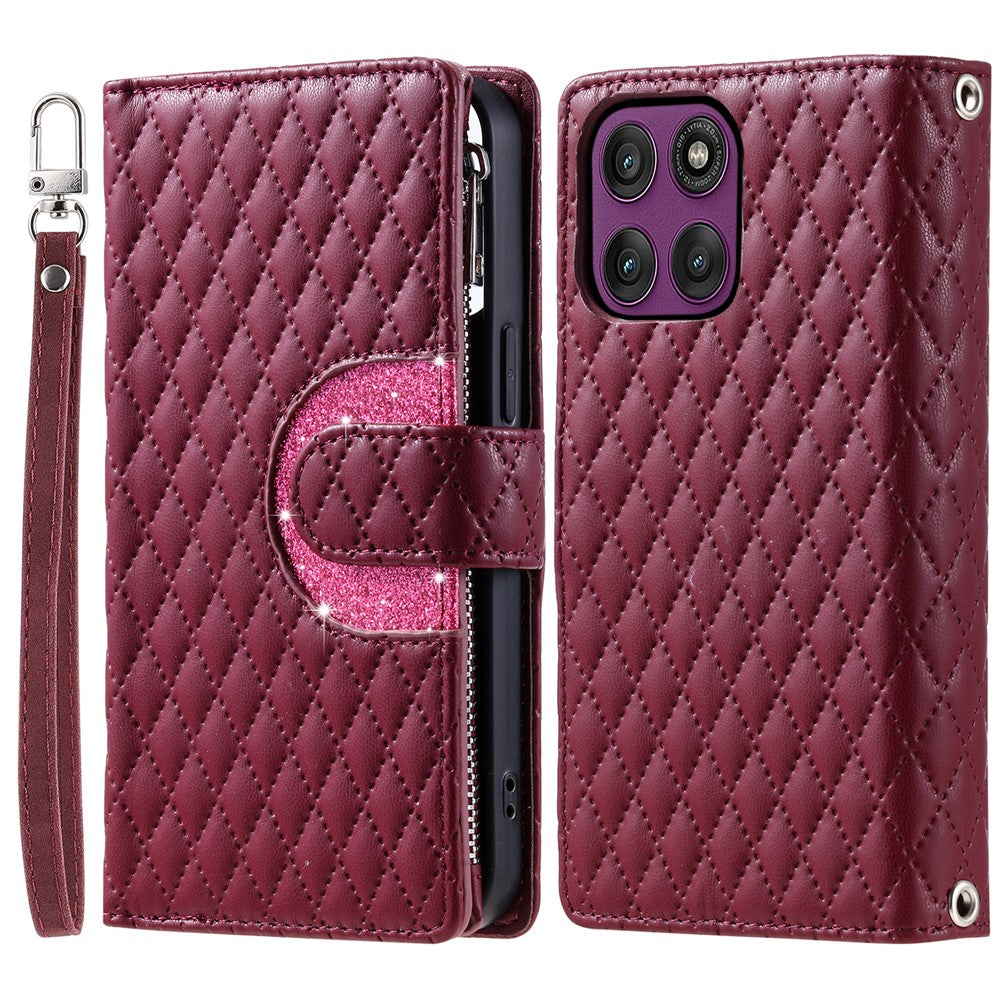 For Motorola Edge 70 5G Case Zipper Pocket Glitter Leather Phone Cover with Wrist Strap - Wine Red
