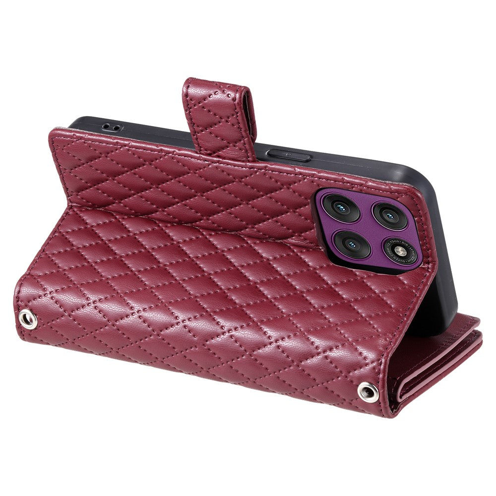For Motorola Edge 70 5G Case Zipper Pocket Glitter Leather Phone Cover with Wrist Strap - Wine Red